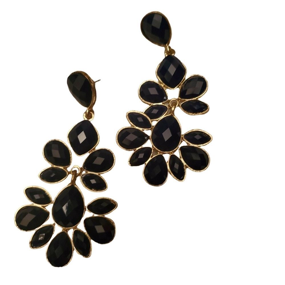 Costume Jewelry Gold Navy Blue Dangle Earrings Large 3.5" Fashion Gem